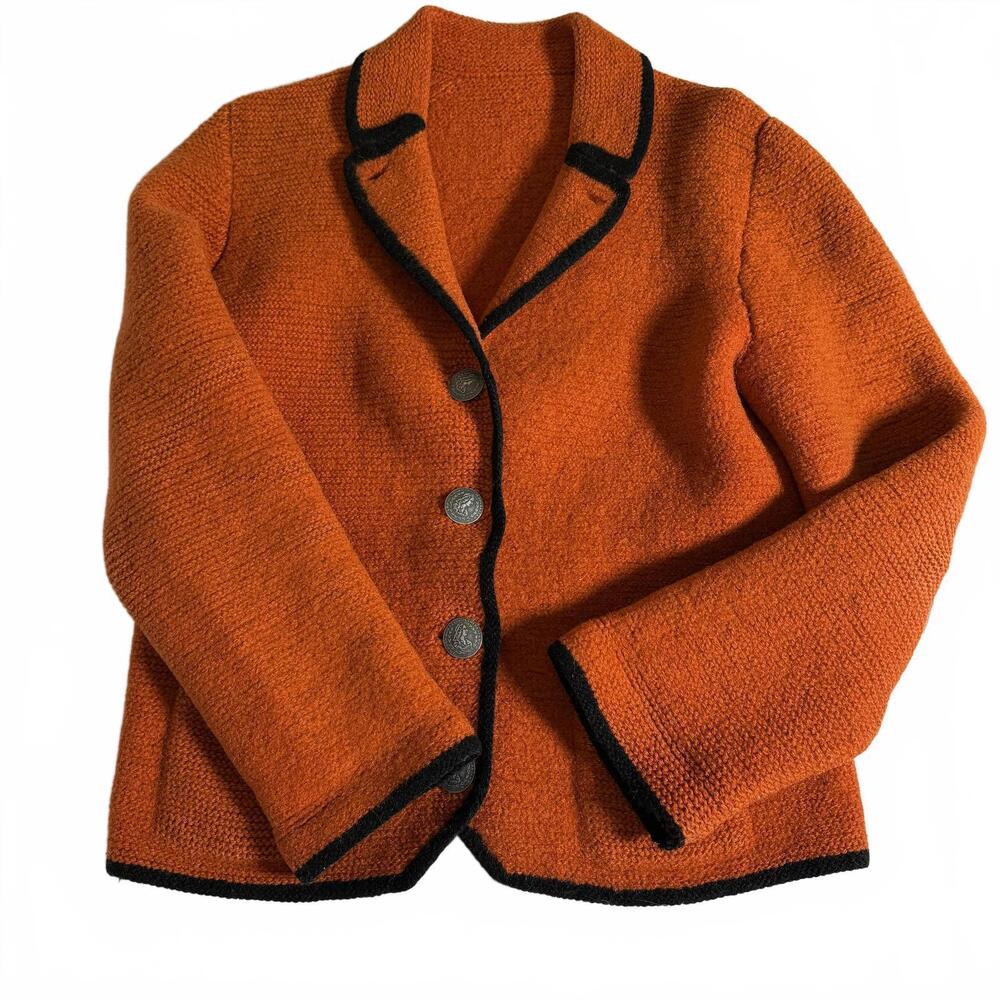 VINTAGE Hand Made felted wool orange jacket, metal buttons. Black Trim.